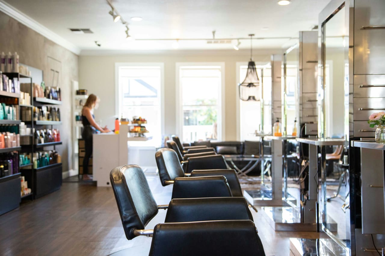 Retail shelf of salon haircare products